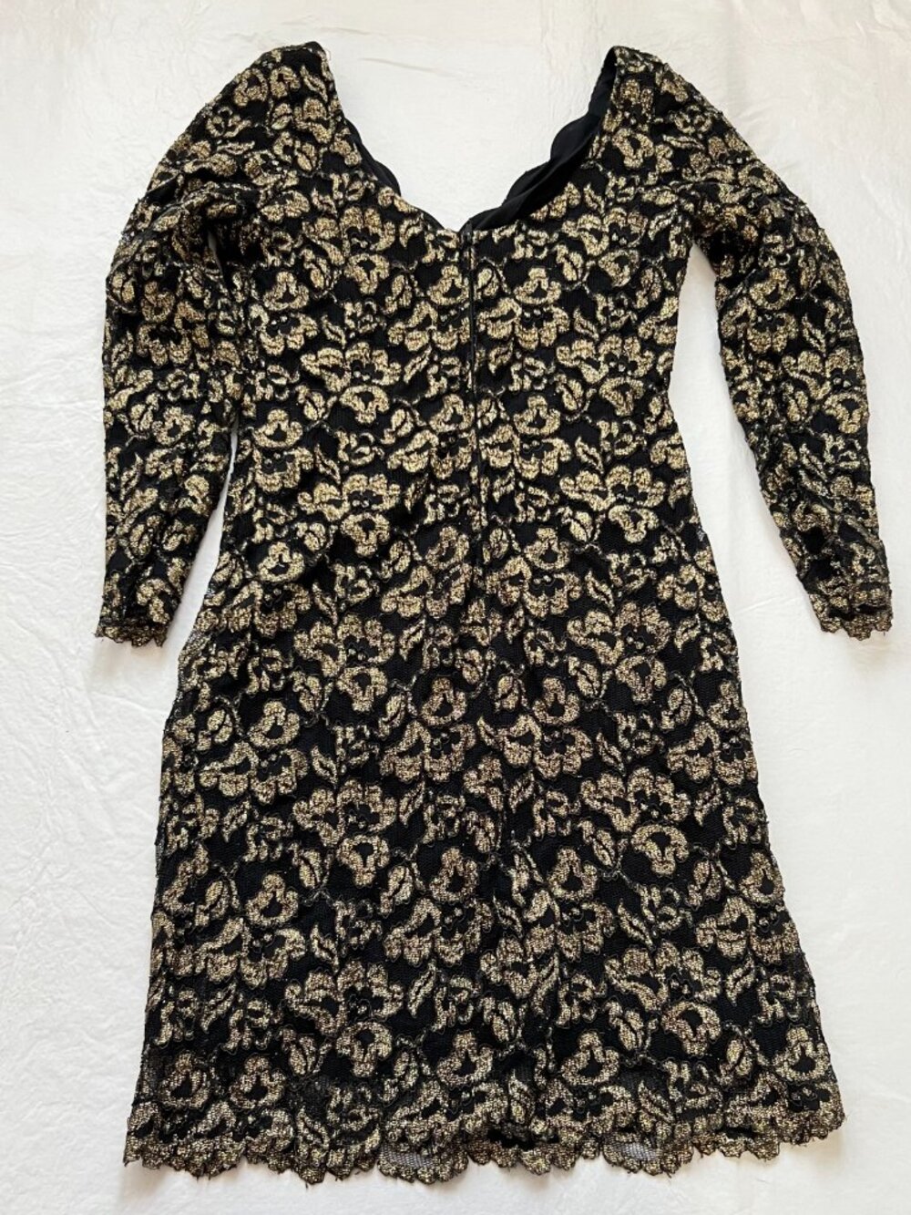 Vintage dress 90s medium Black Lace Gold Floral print long sleeve bodycon - Picture 2 of 8